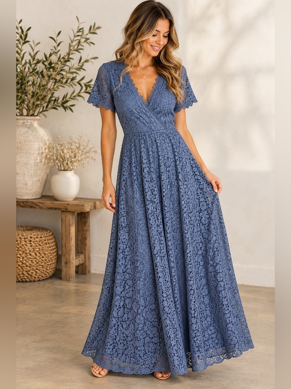 Baltic Born Blue Lace Maxi Dress L Deep V Short Sleeve Wedding Guest NWT